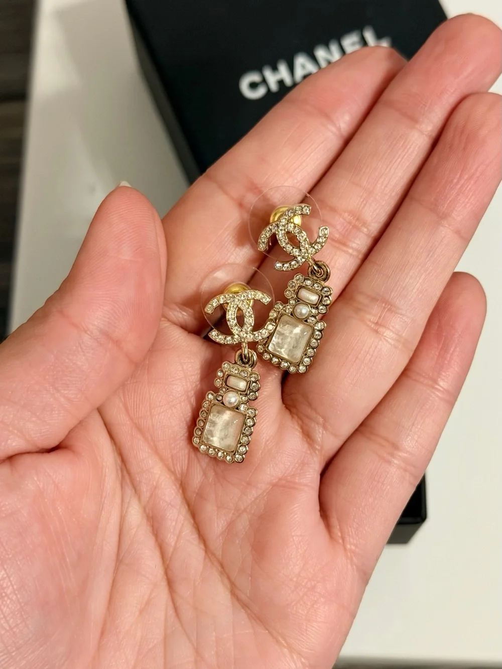 CHANEL Crystal CC Perfume Motif Dangle Earrings